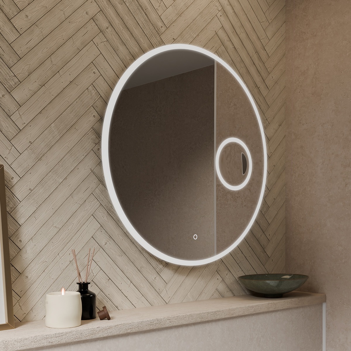 Attraction Ultra Slim Round LED Illuminated Mirror with Magnifier 600mm