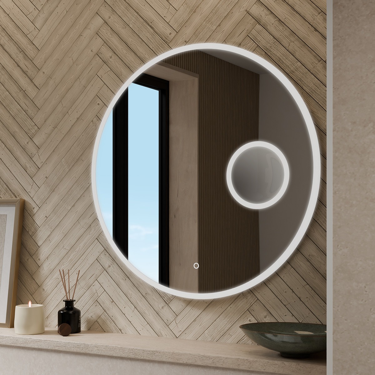 Attraction Ultra Slim Round LED Illuminated Mirror with Magnifier 600mm featuring 6500K lighting, built-in demister, and a sleek magnifying zone for detailed grooming