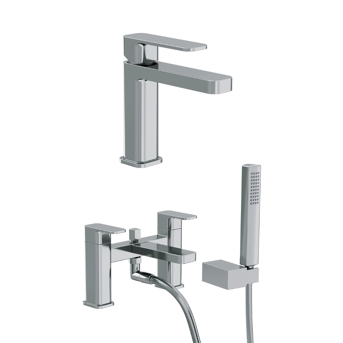 A set of two chrome bathroom taps: a basin mixer tap with a single lever handle and a bath filler tap with a pair of pillar taps and a handheld shower.