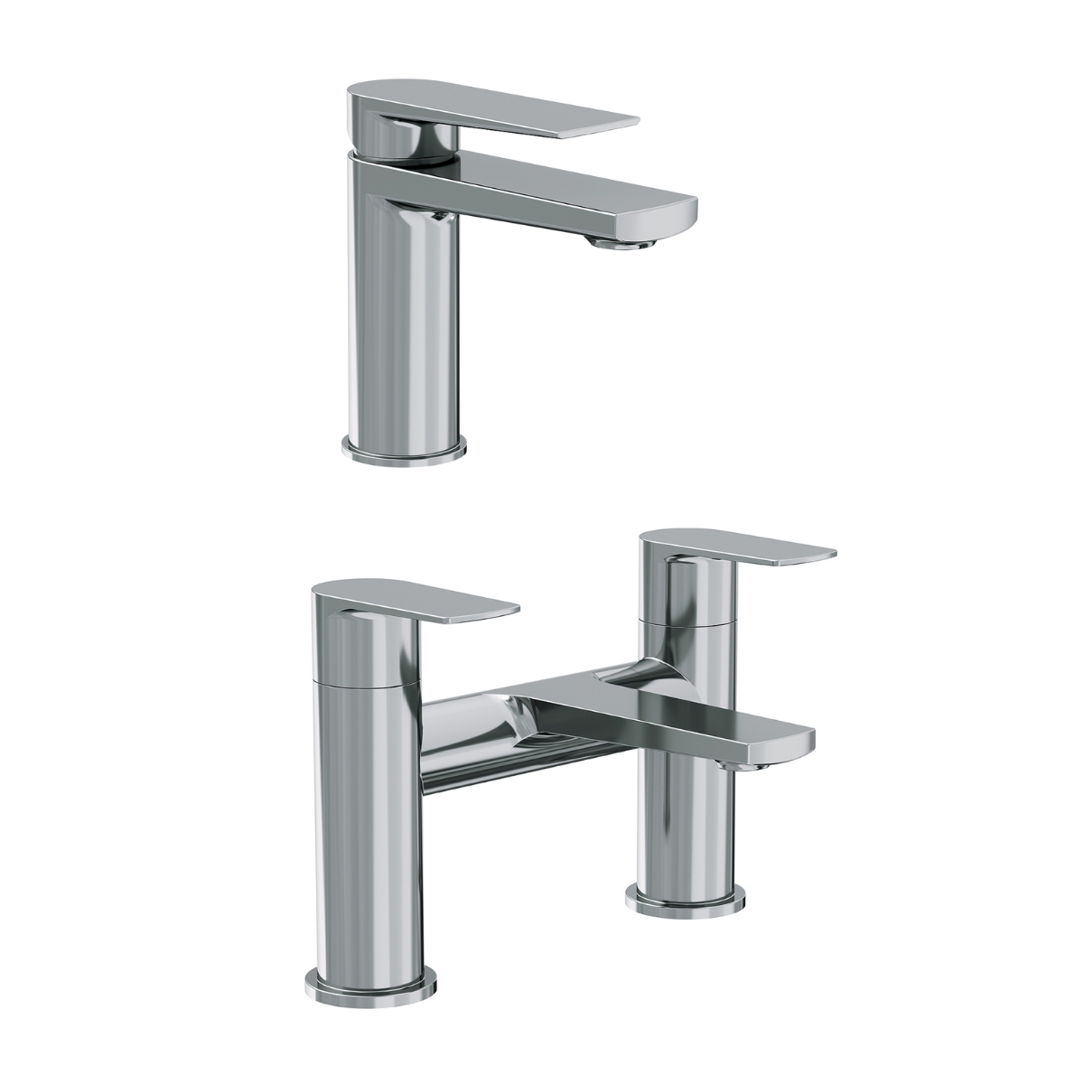 Chrome bathroom tap set with a single lever basin mixer tap and a pair of pillar bath filler taps, offering different handle types for user preference.