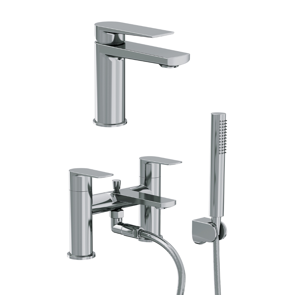 A set of two chrome bathroom taps: a basin mixer tap with a single lever handle and a bath filler tap with a pair of pillar taps and a handheld shower.