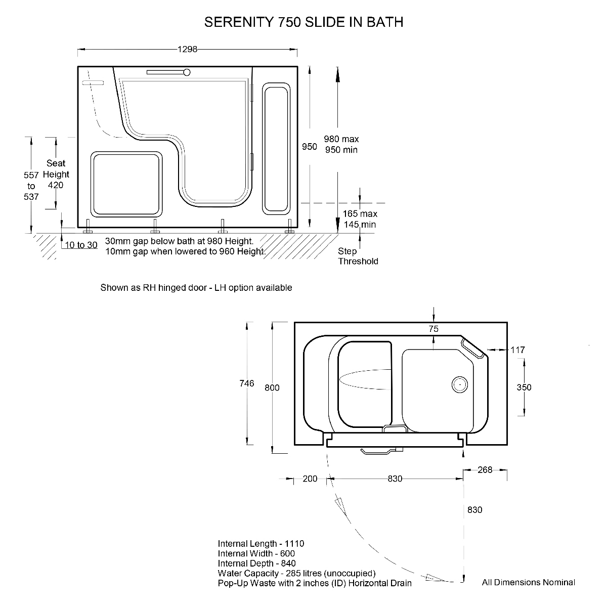 Trojan Bathe Easy Serenity Walk In Bath 1300 x 750 Left Hand