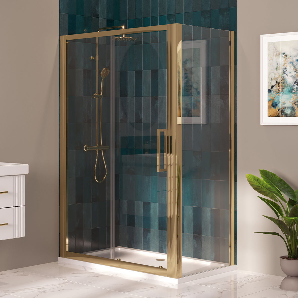 Coral 8mm Sliding Shower Enclosure Brushed Brass 1000 x 760mm Lifestyle