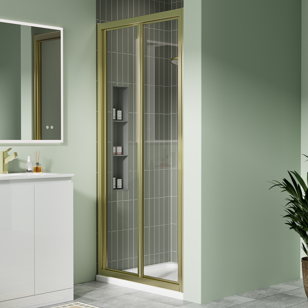 Coral 6mm Brushed Brass Bifold Shower Door with Optional Side Panel & Tray