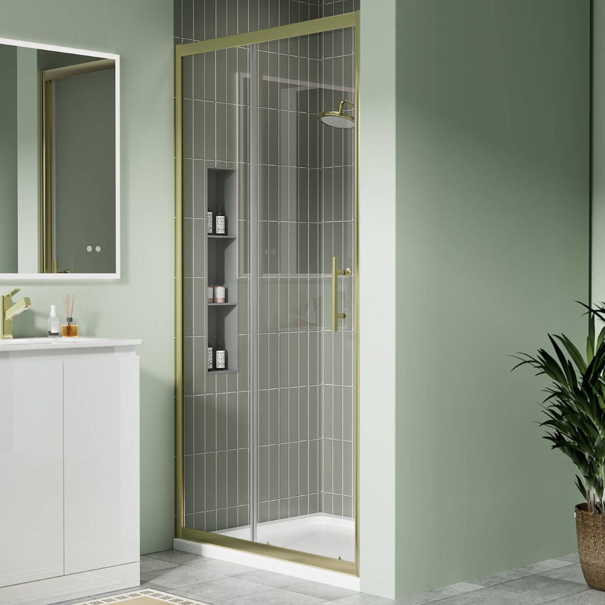 Coral 6mm Brushed Brass Sliding Shower Door with Optional Side Panel & Tray