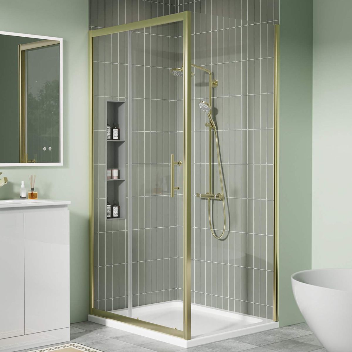 Coral 6mm Brushed Brass Sliding Shower Door with Optional Side Panel & Tray