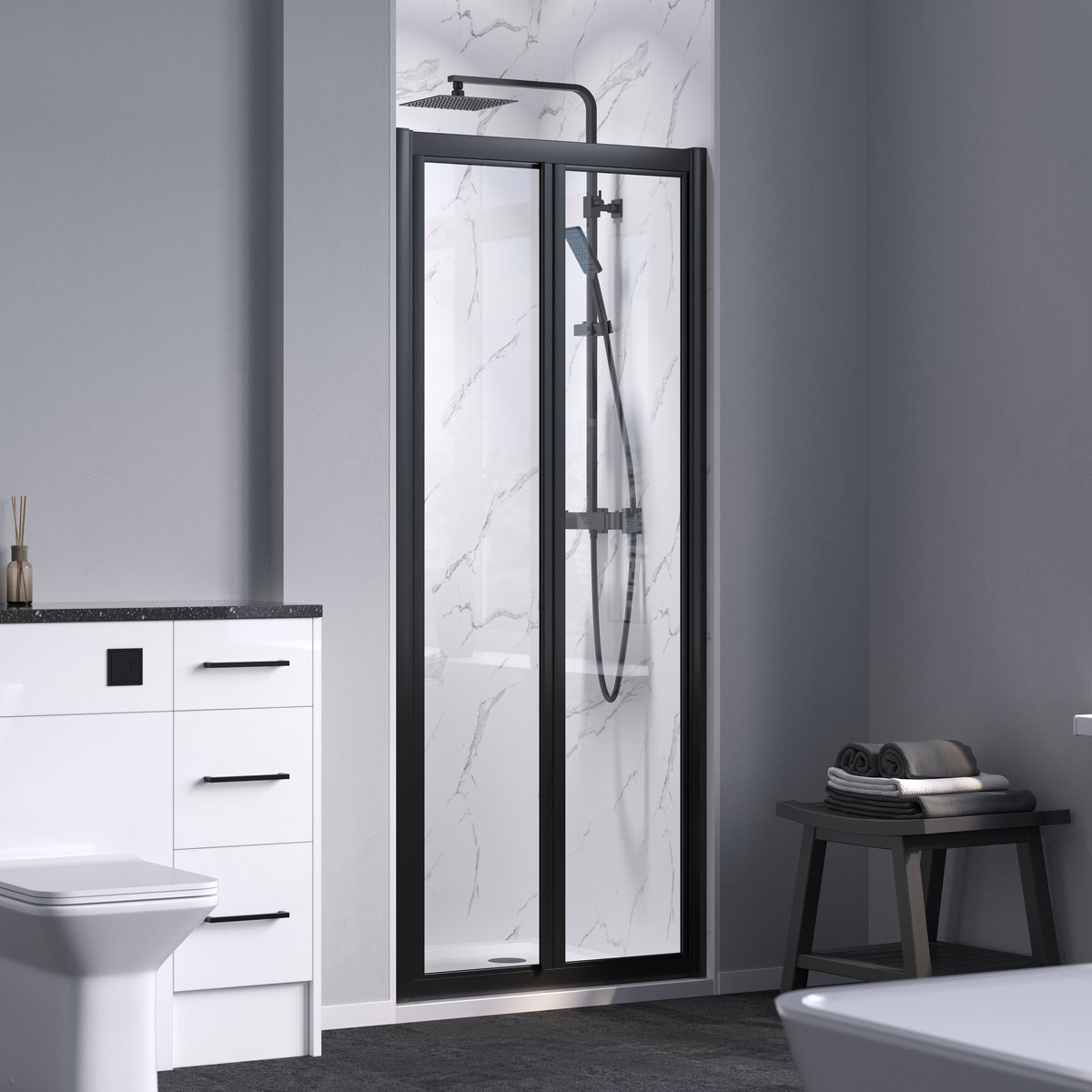 Coral 6mm Matt Black Bifold Shower Door with Optional Side Panel & Tray