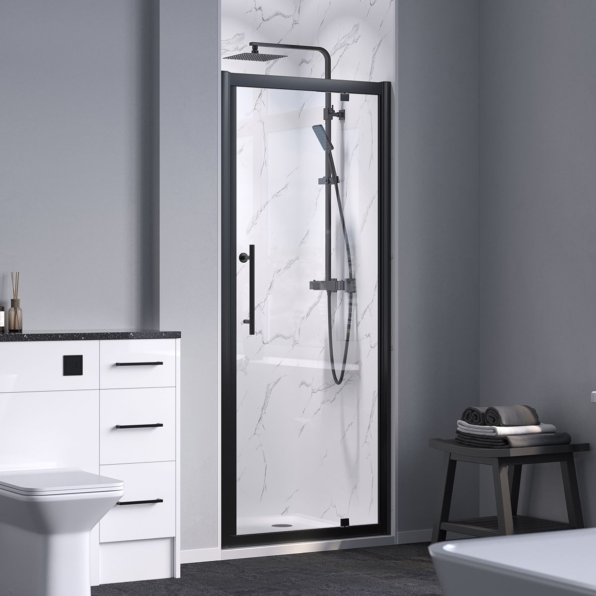 Coral 6mm Pivot Shower Door Matt Black 700mm