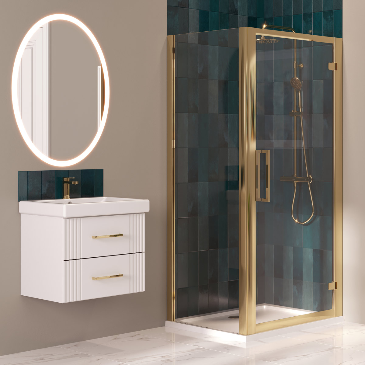 Coral 8mm Brushed Brass Hinged Shower Door with Side Panel 