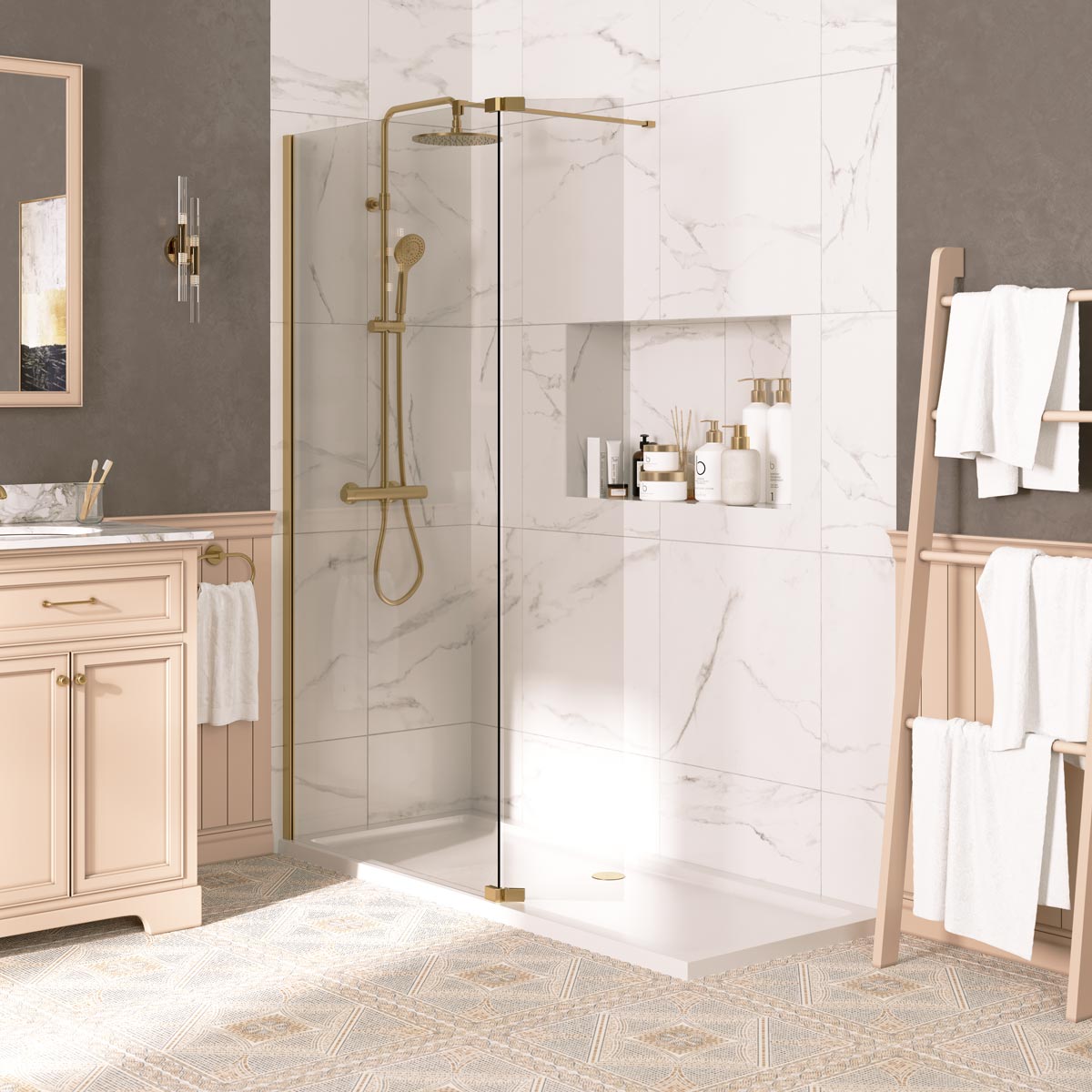 Coral 8mm Foldaway Clear Glass Deflector Panel Brushed Brass Left Hand 300mm