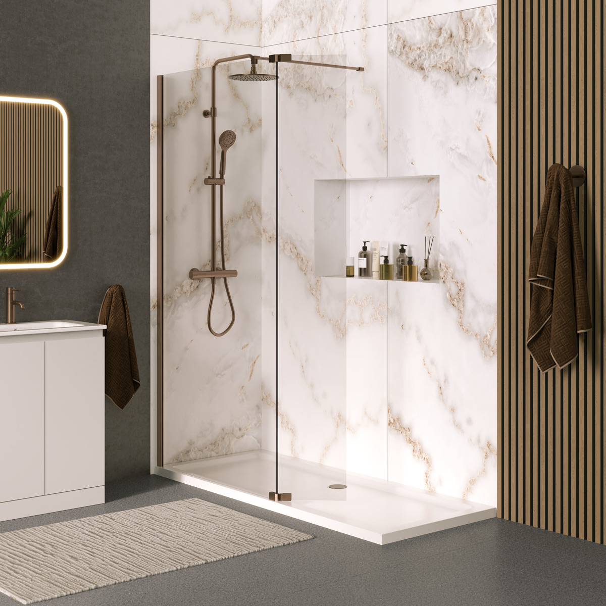 Coral 8mm Foldaway Clear Glass Deflector Panel Brushed Bronze Left Hand 300mm
