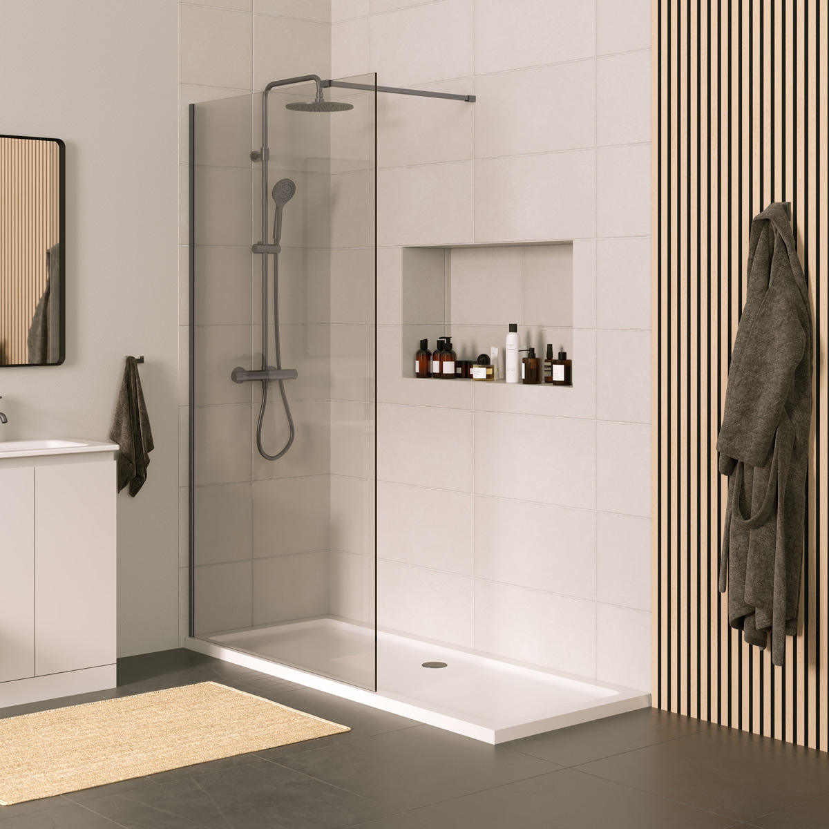 Lapis 8mm Wet Room Clear Glass Shower Panel Gunmetal 700mm