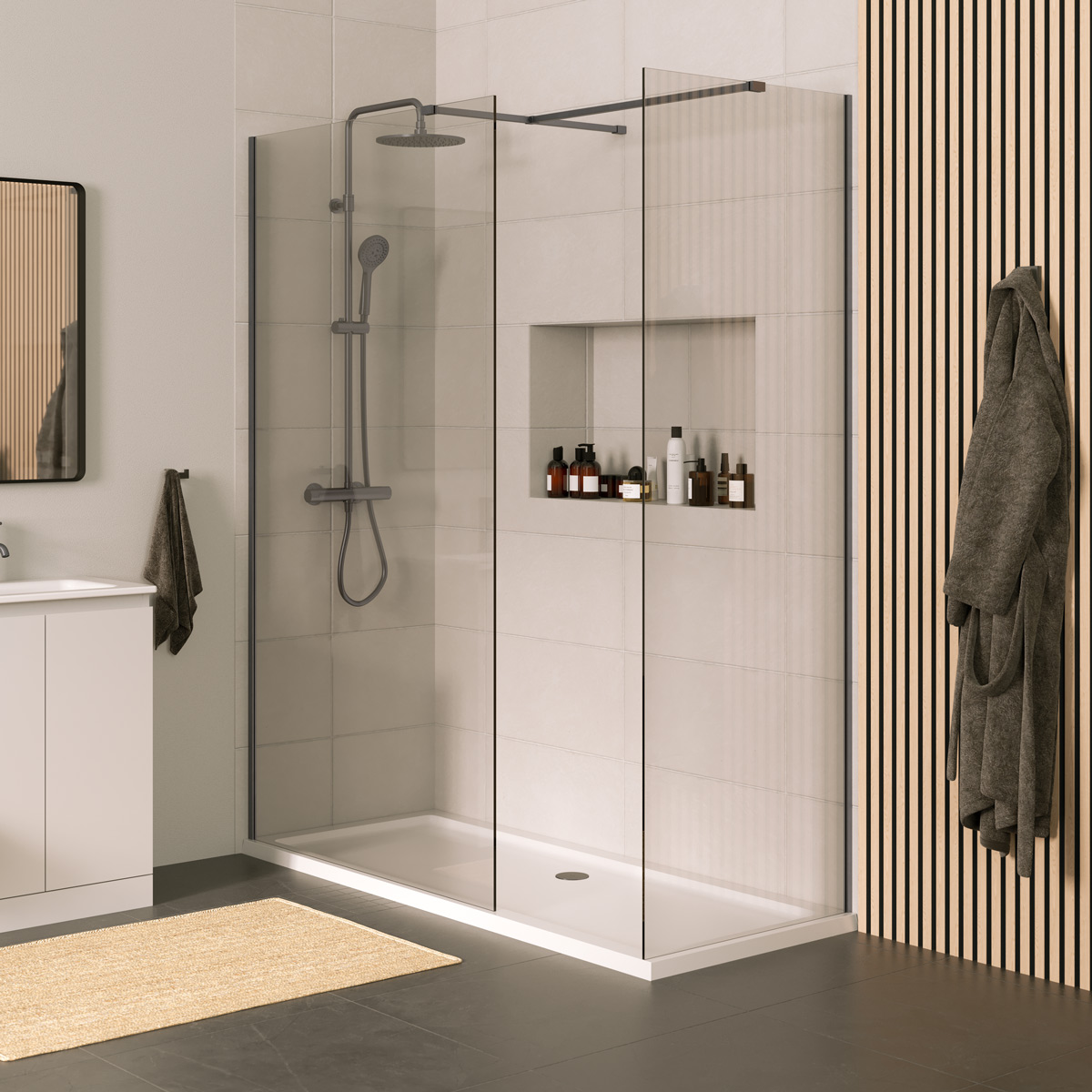Coral 8mm Wet Room Clear Glass Shower Panel Gunmetal Grey 700mm