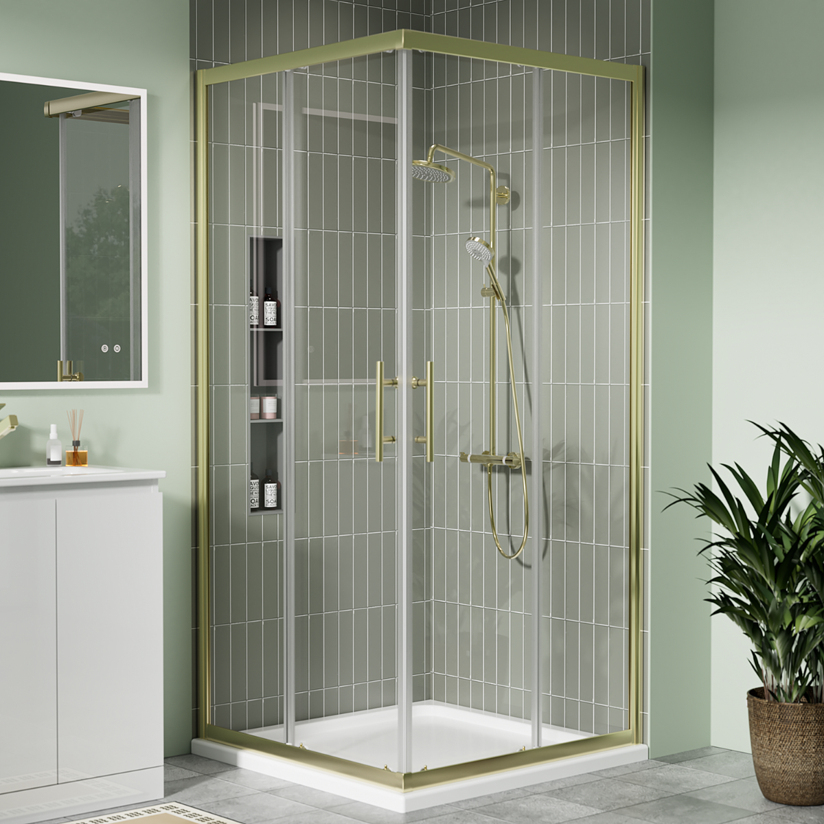 Coral 6mm Corner Entry Shower Enclosure Brushed Brass 900 x 900mm