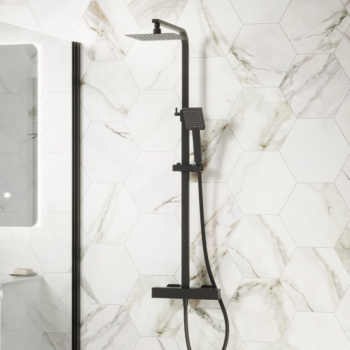 Cube Cool Touch Thermostatic Dual Function Bar Valve Shower System with Fixed Shower Head Matt Black