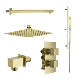 Cube Square Thermostatic Dual Function Concealed Shower Valve System Brushed Brass
