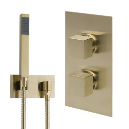 Cube Thermostatic Twin Concealed Shower Valve with Shower Handset and Hose Brushed Brass Cutout