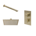 Cube Thermostatic Twin Concealed Shower Valve with Fixed Shower Head Brushed Brass