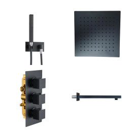 Cube Thermostatic Twin Outlet Triple Concealed Shower Valve System Matt Black
