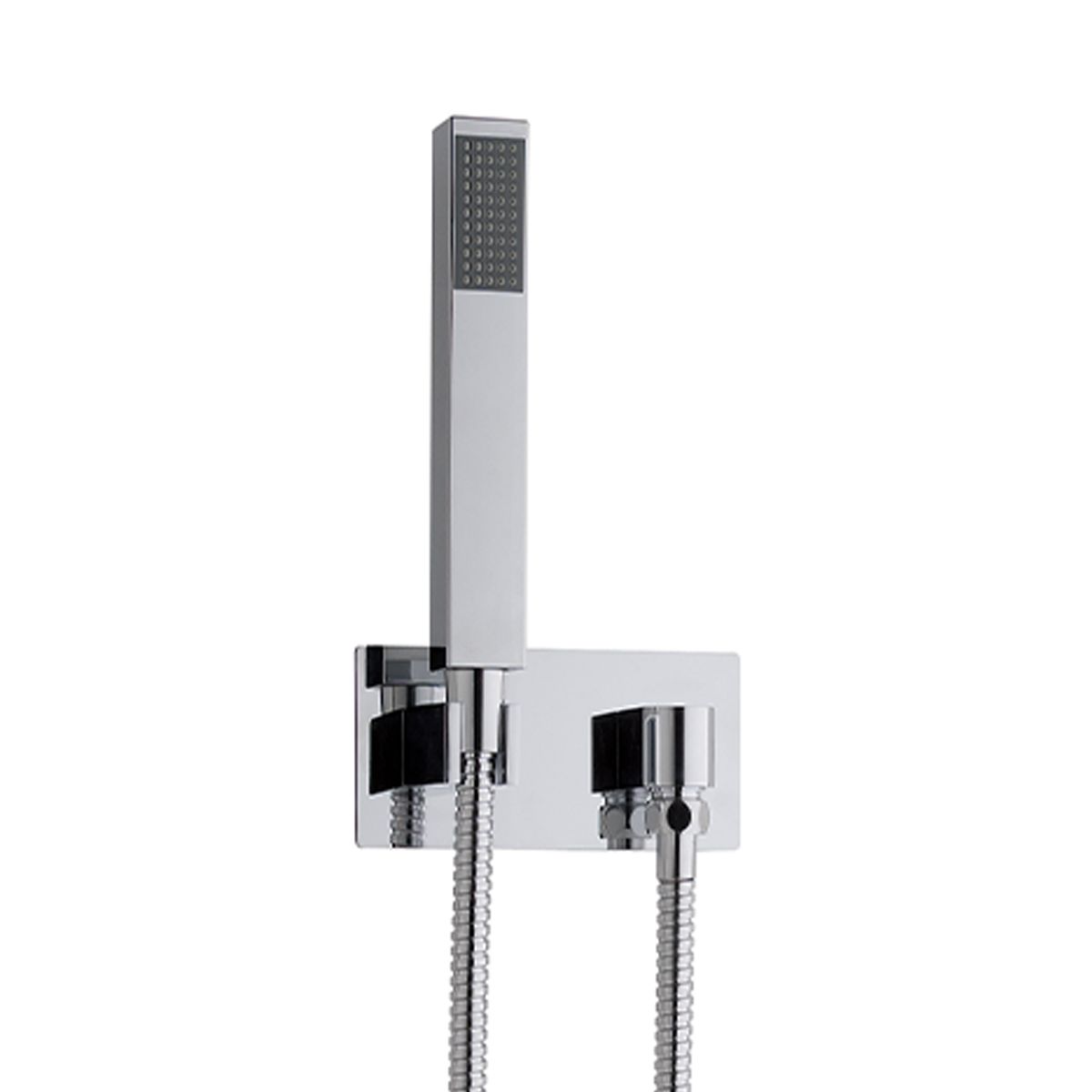 Cube Wall Outlet Elbow with Shower Handset and Hose Chrome Close Up