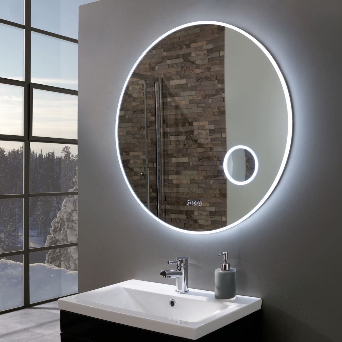 Ultra Slim Round Led Illuminated Mirror, Bathroom Mirror With Built In Magnifier