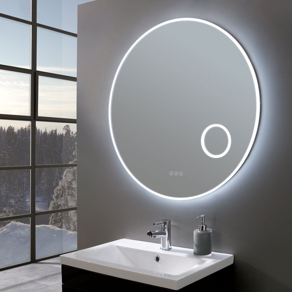 Ultra Slim Round Led Illuminated Mirror, Bathroom Mirror With Built In Magnifier