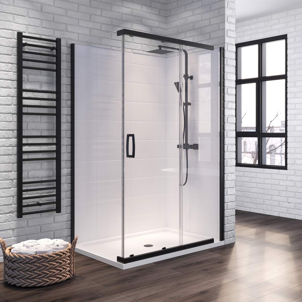 Matt black sliding corner shower enclosure with clear glass panels and white shower tray in a modern industrial-style bathroom.