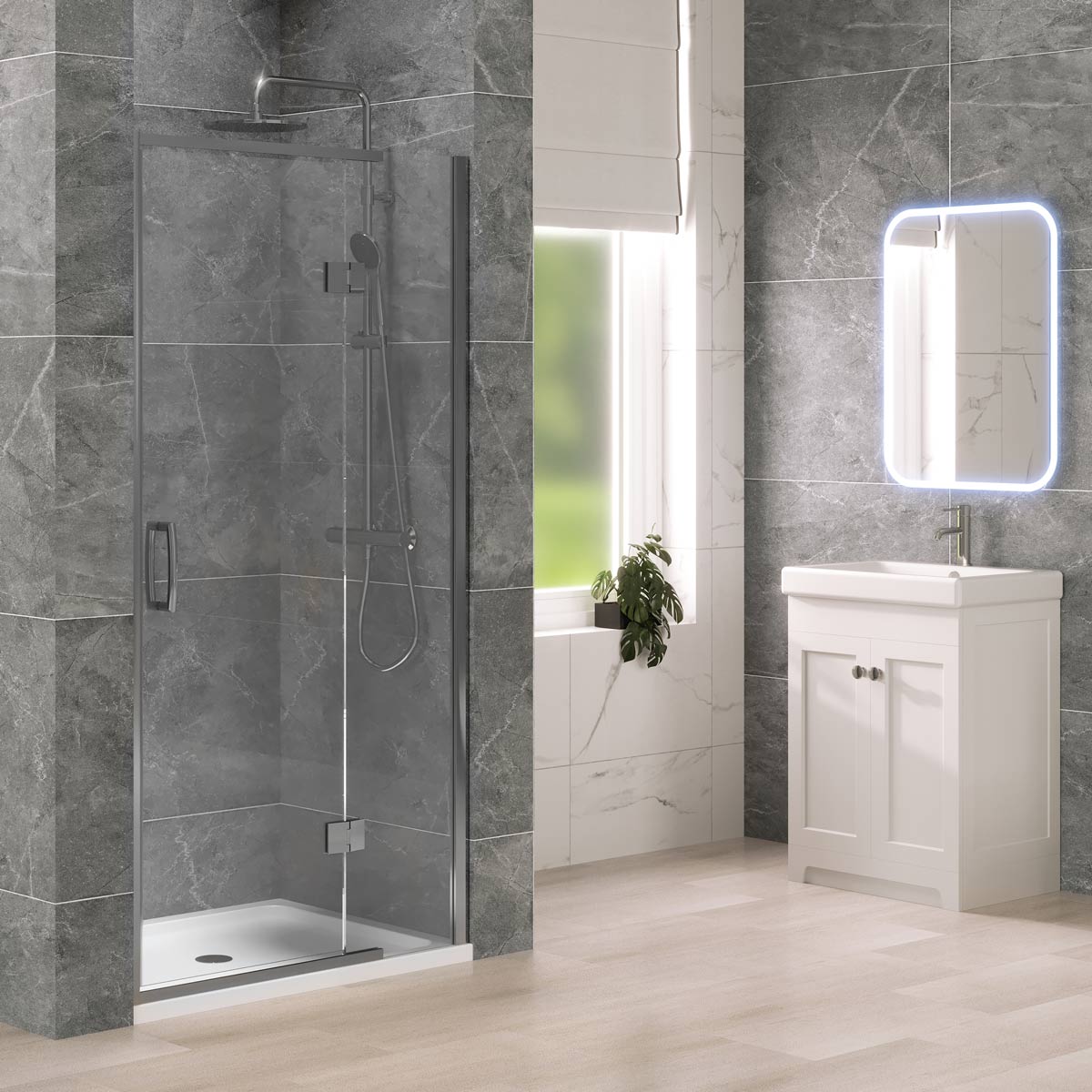 Chrome hinged shower door enclosure with clear glass and white shower tray in a modern bathroom with grey marble-effect wall tiles.