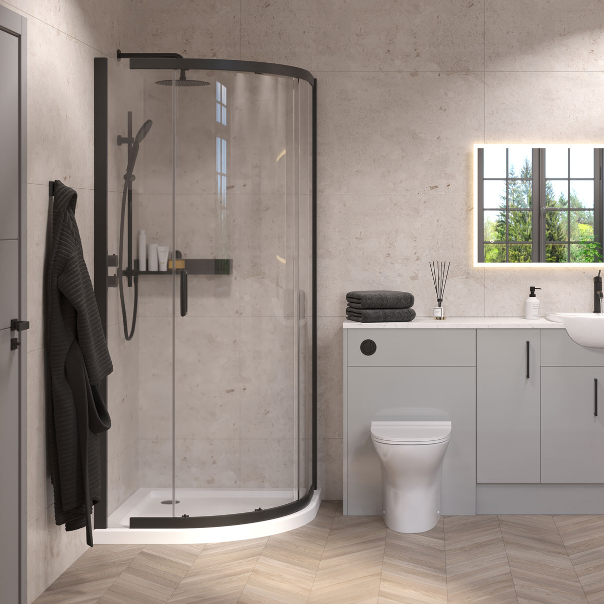 Matt black quadrant shower enclosure with sliding glass doors and white shower tray in a modern beige tiled bathroom.