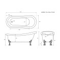Trojan Eaton Freestanding Slipper Bath 1710 x 740 with Bath Feet Dimensions