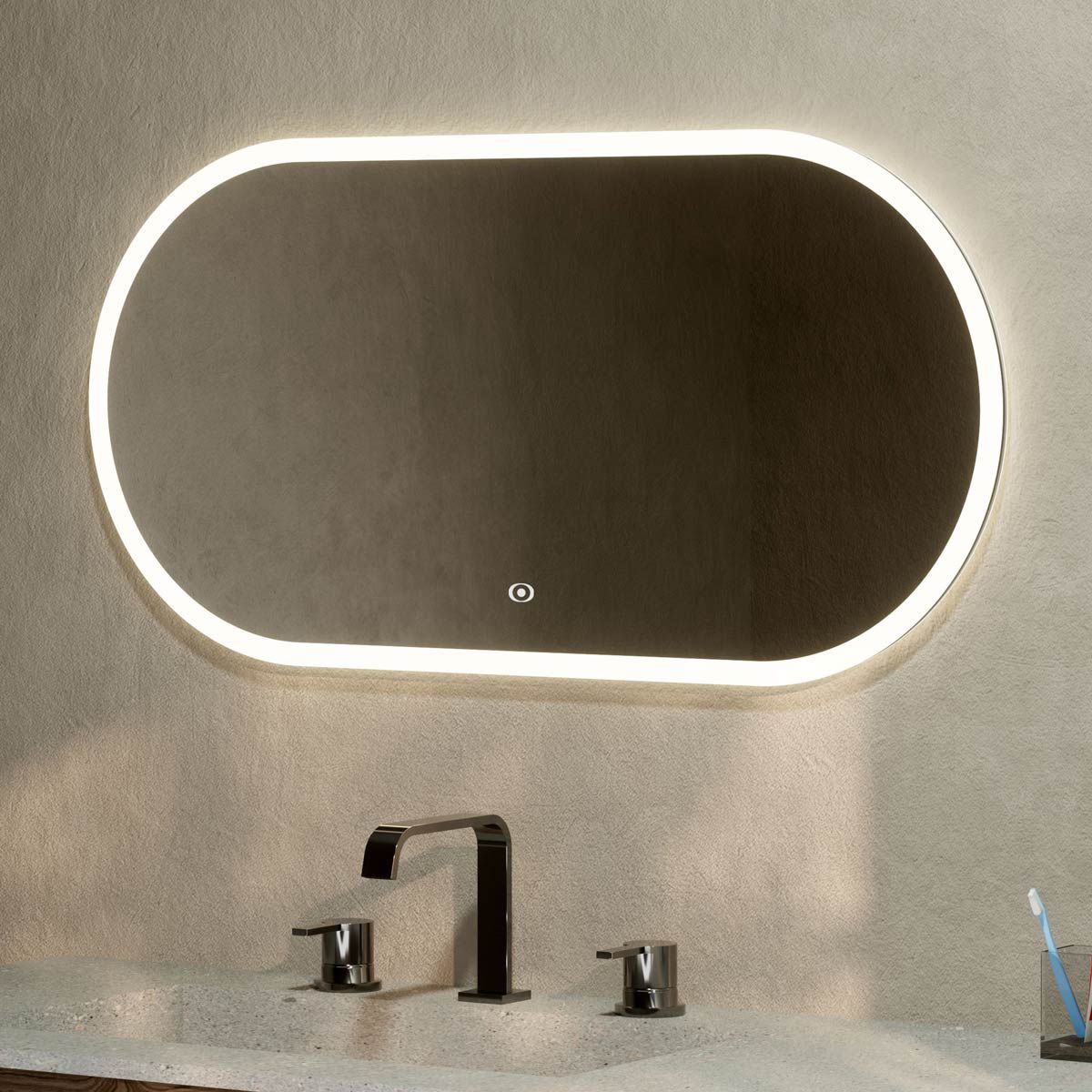 Glamour Ultra Slim Pill LED Illuminated Mirror 600mm with 6500K fixed lighting, touch sensor, demister, and 30mm ultra-slim design.