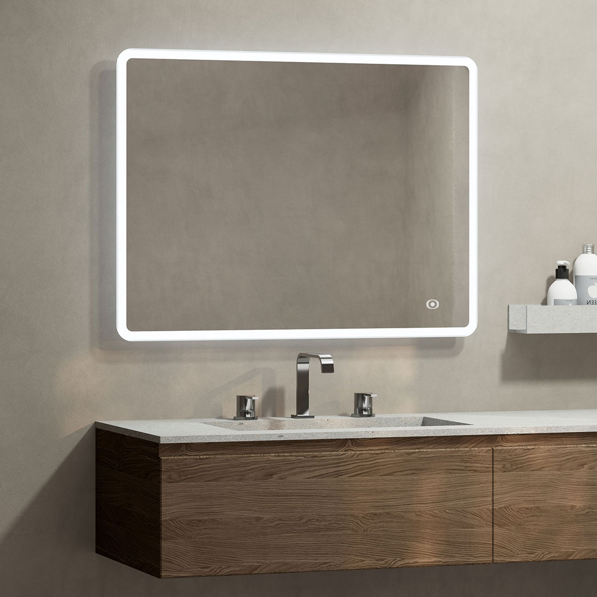 Glamour Ultra Slim Rectangular LED Illuminated Mirror 400 x 700mm with 6500K fixed lighting, touch sensor, demister, and ultra-slim 30mm profile.