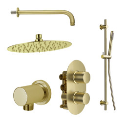 Globe Round Thermostatic Dual Function Concealed Shower Valve System Brushed Brass