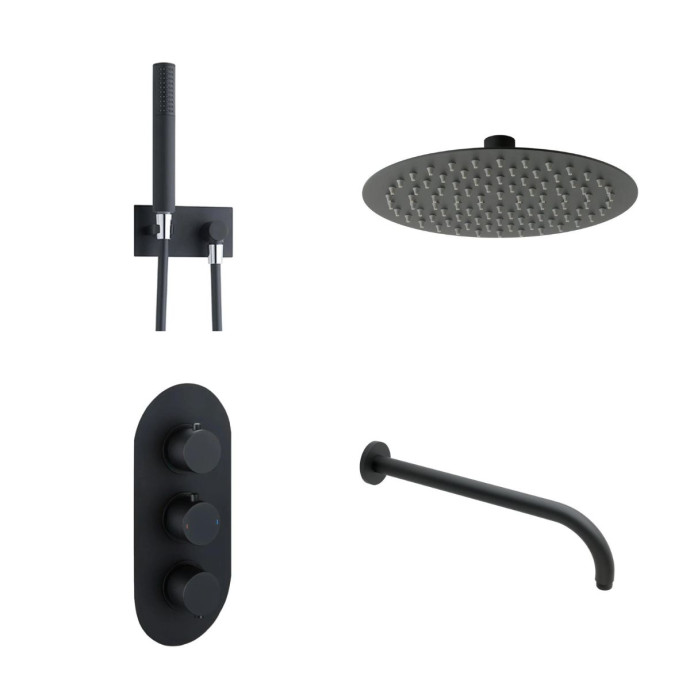 Globe Thermostatic Twin Outlet Triple Concealed Shower Valve System Matt Black