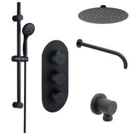 Globe Triple Concealed Shower Valve / Wall Arm / Shower Head / Slider Rail Kit & Wall Elbow Matt Black Cutout