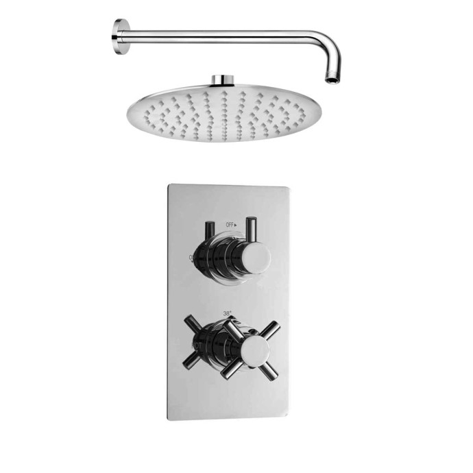 Kross Thermostatic Single Outlet Twin Concealed Shower Valve with Round Fixed Shower Head Chrome