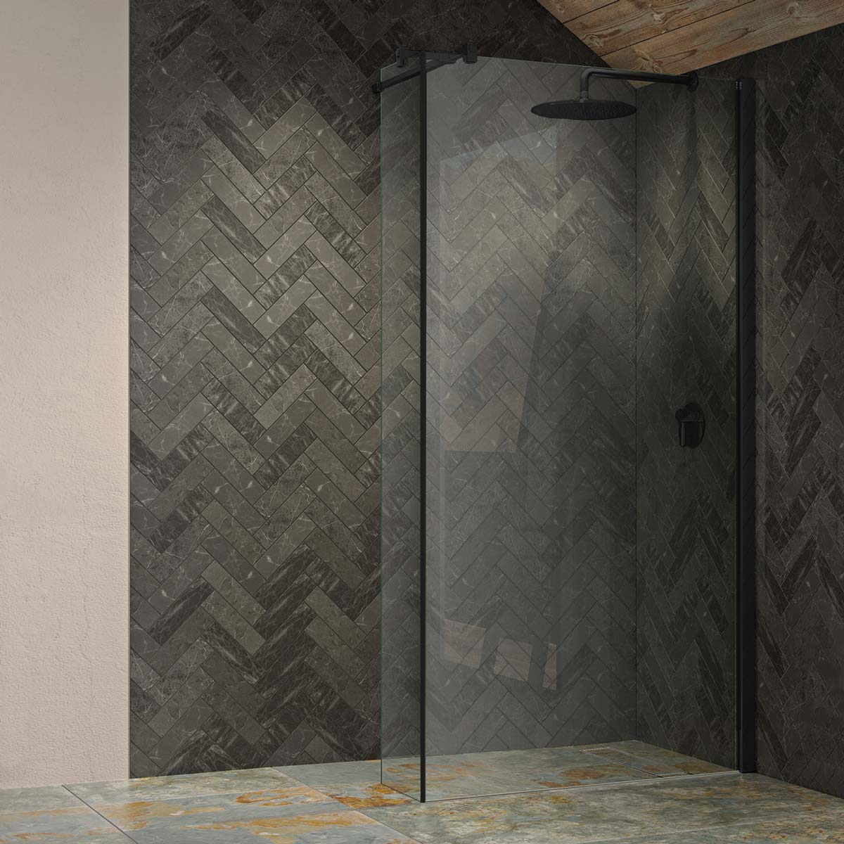 Kudos 10mm Ultimate 2 Wet Room Glass Fixed Deflector Panel Matt Black 255mm