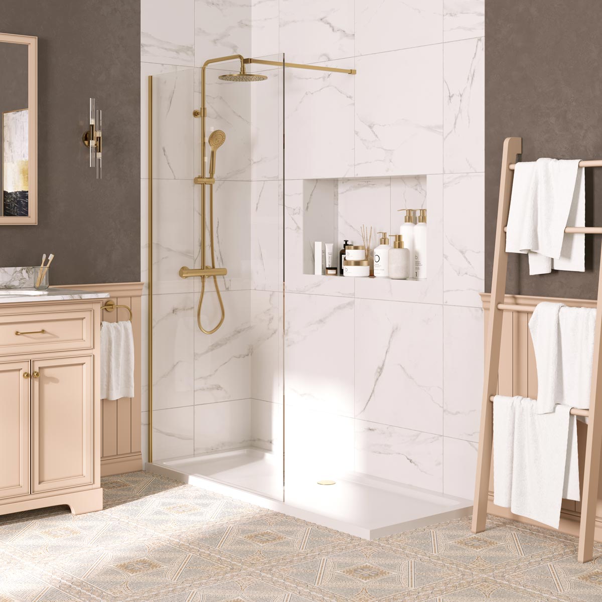 Lapis 8mm Wet Room Clear Glass Shower Panel Brushed Brass 700mm