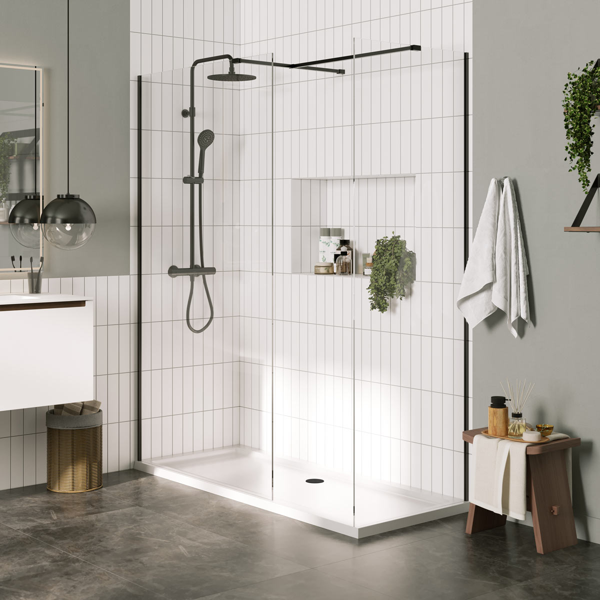 Coral 8mm Wet Room Clear Glass Shower Panel Matt Black 1000mm