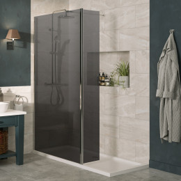 Lapis 8mm Wet Room Smoked Glass Hinged Deflector Panel Polished Silver 300mm