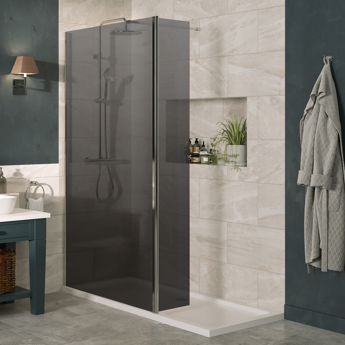 Coral 8mm Wet Room Smoked Glass Shower Panel Chrome 800mm