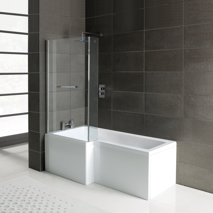 Reinforced Leda L Shape Shower Bath 1500 x 850mm with Panel & Towel Rail Screen Left Hand