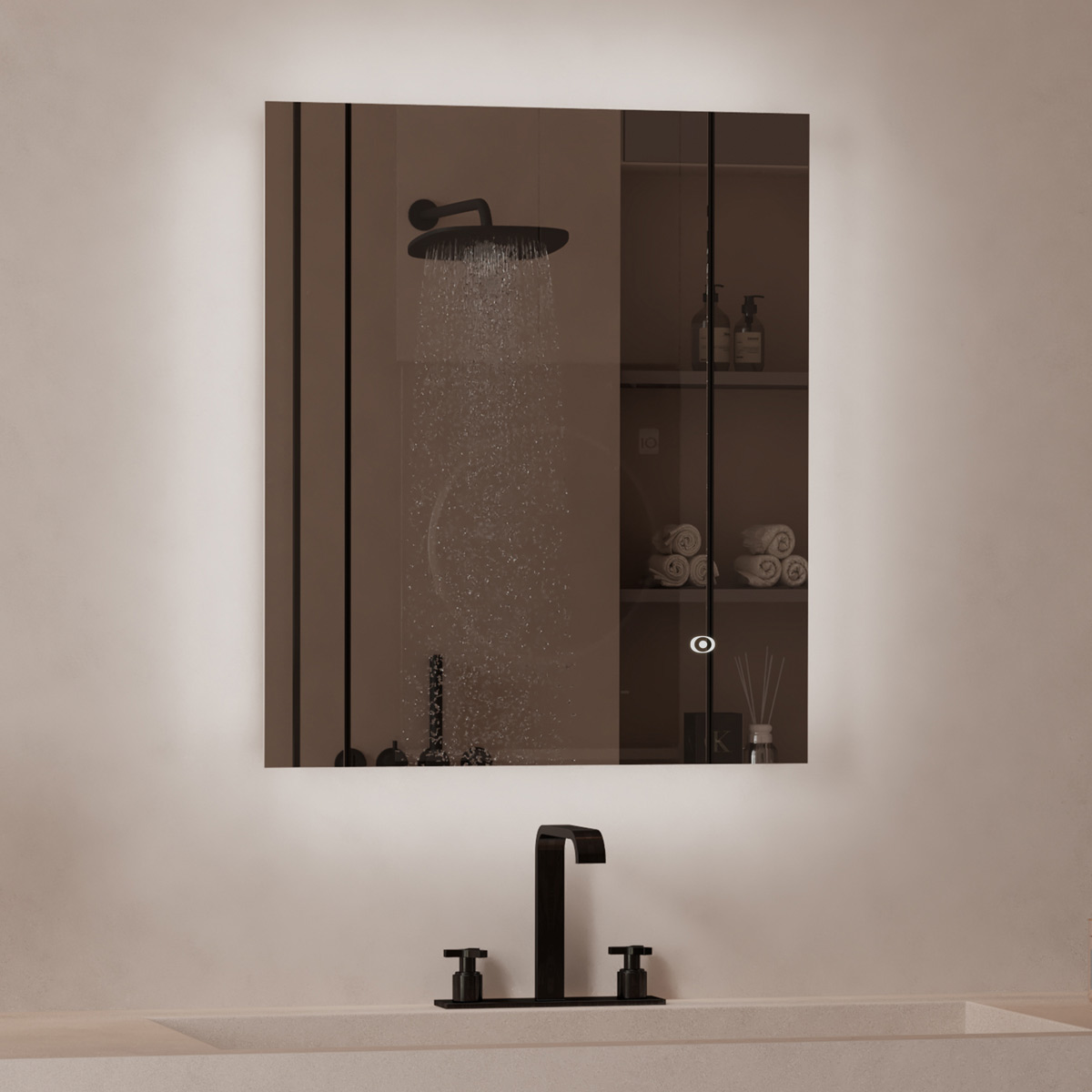 A rectangular mirror with a white LED light frame is mounted on a beige wall above a bathroom sink.