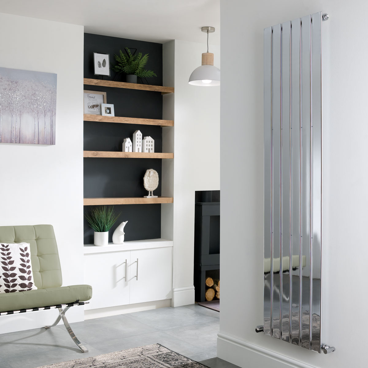 Narvi Designer Single Radiator Chrome 1800 x 452mm Roomset