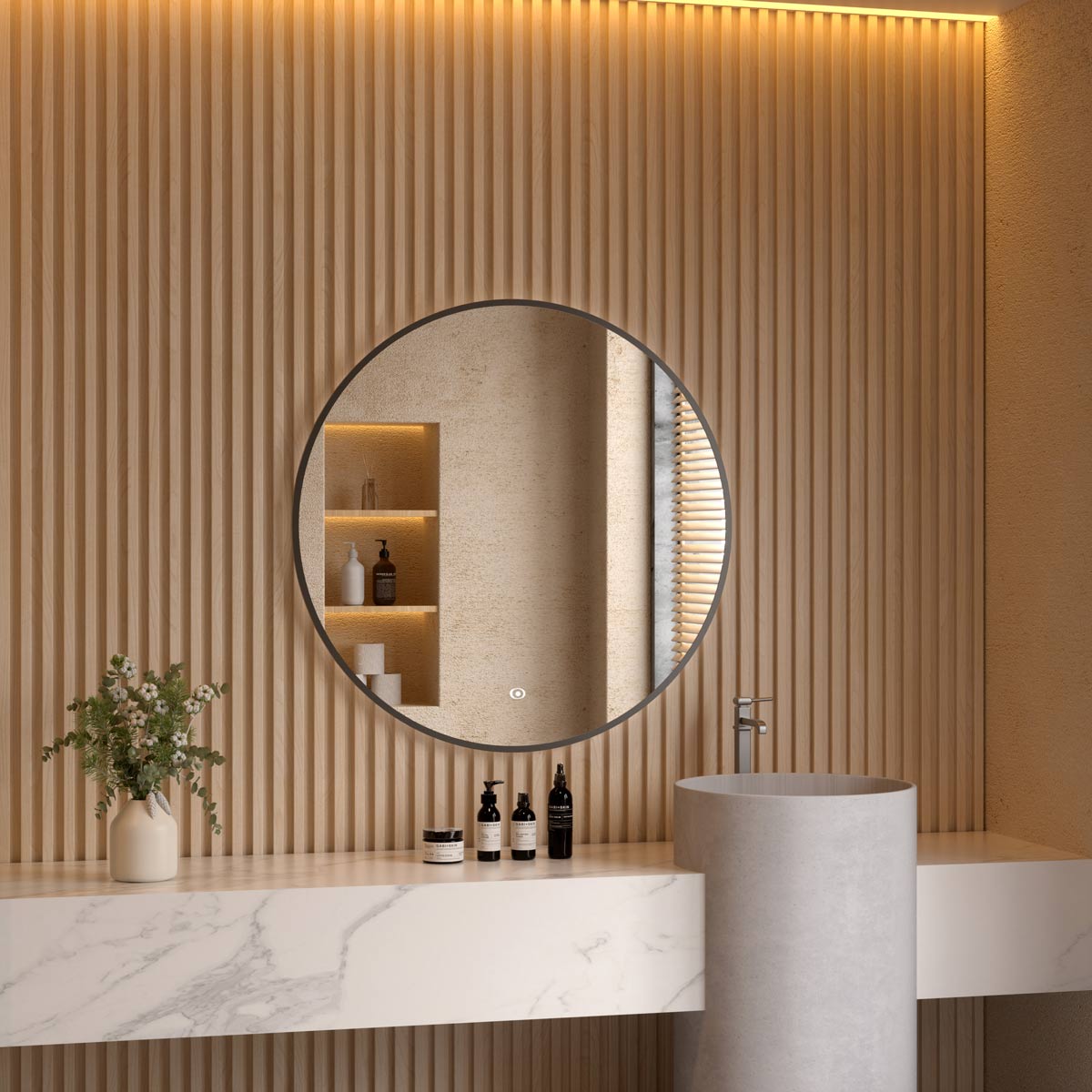 Nova Ultra Slim Round LED Illuminated Mirror Matt Black 600mm