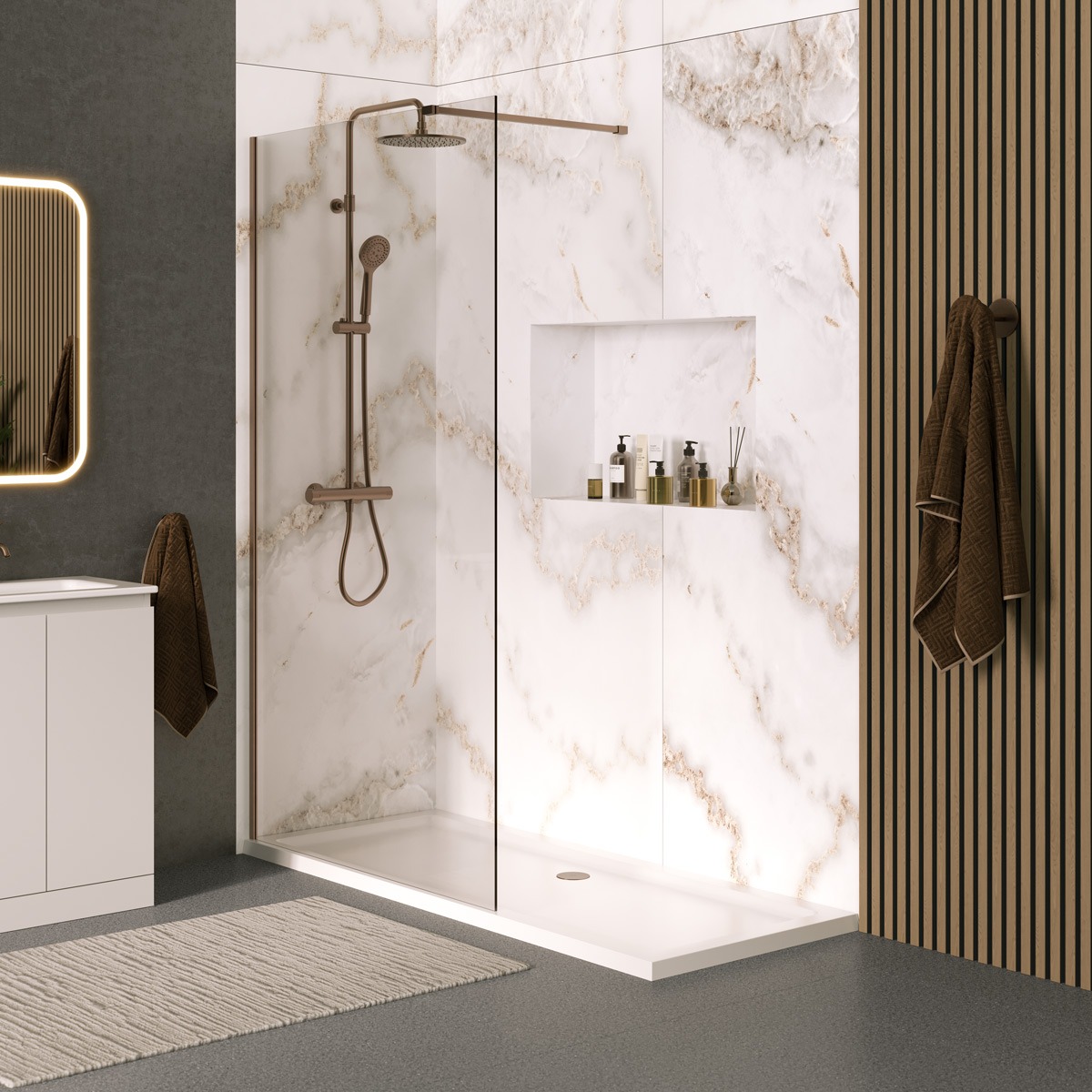 Lapis 8mm Wet Room Clear Glass Shower Panel Brushed Bronze 600mm