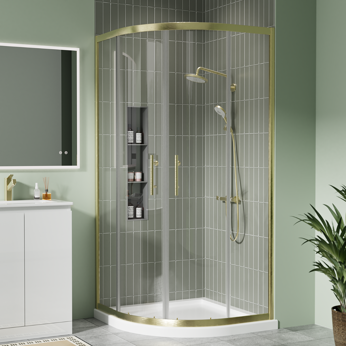 Coral 6mm Offset Quadrant Shower Enclosure Brushed Brass 900 x 760mm