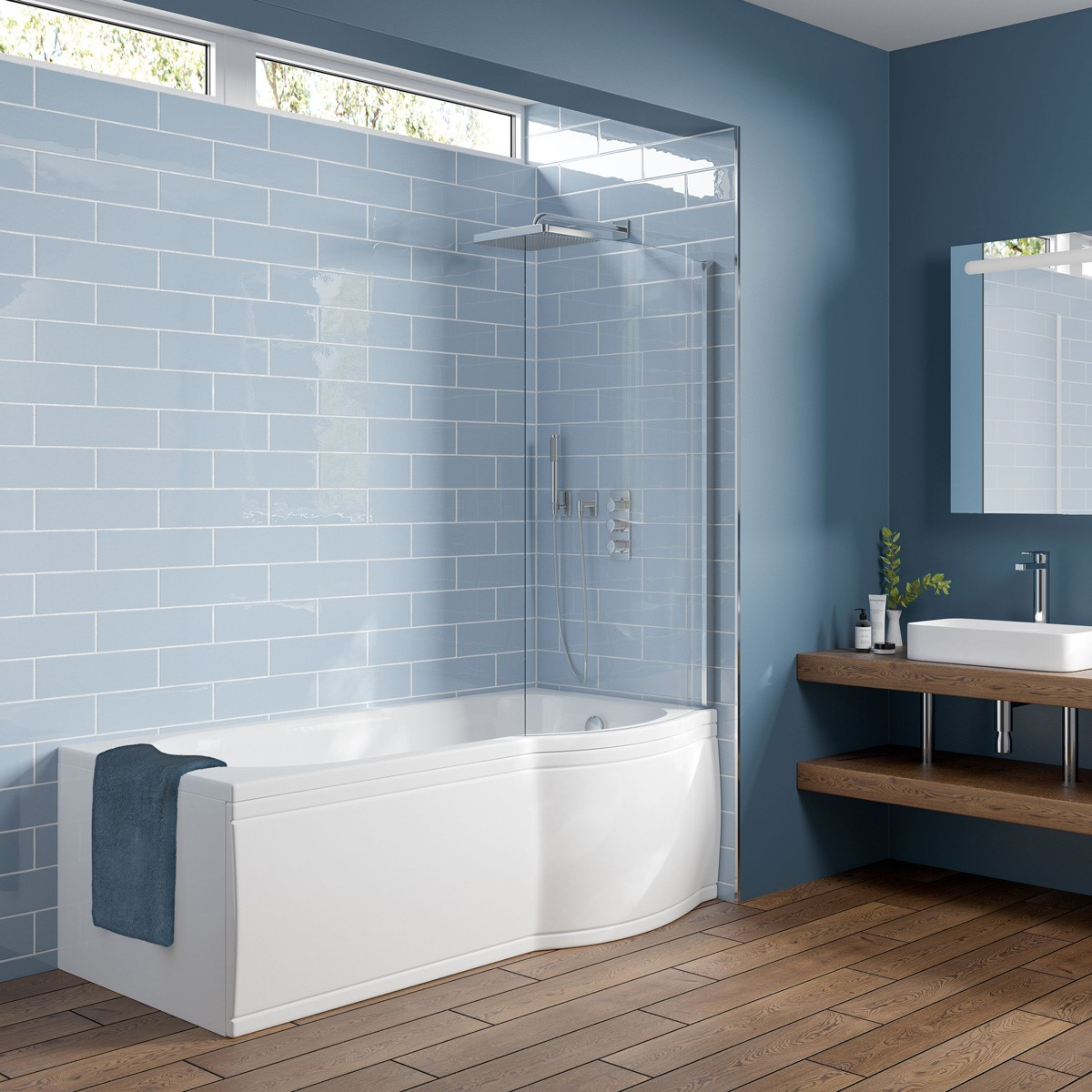 Trojancast Concert Reinforced P Shape 14 Jet Whirlpool Shower Bath 1600 x 850mm with LED Light & Bath Waste Right Hand