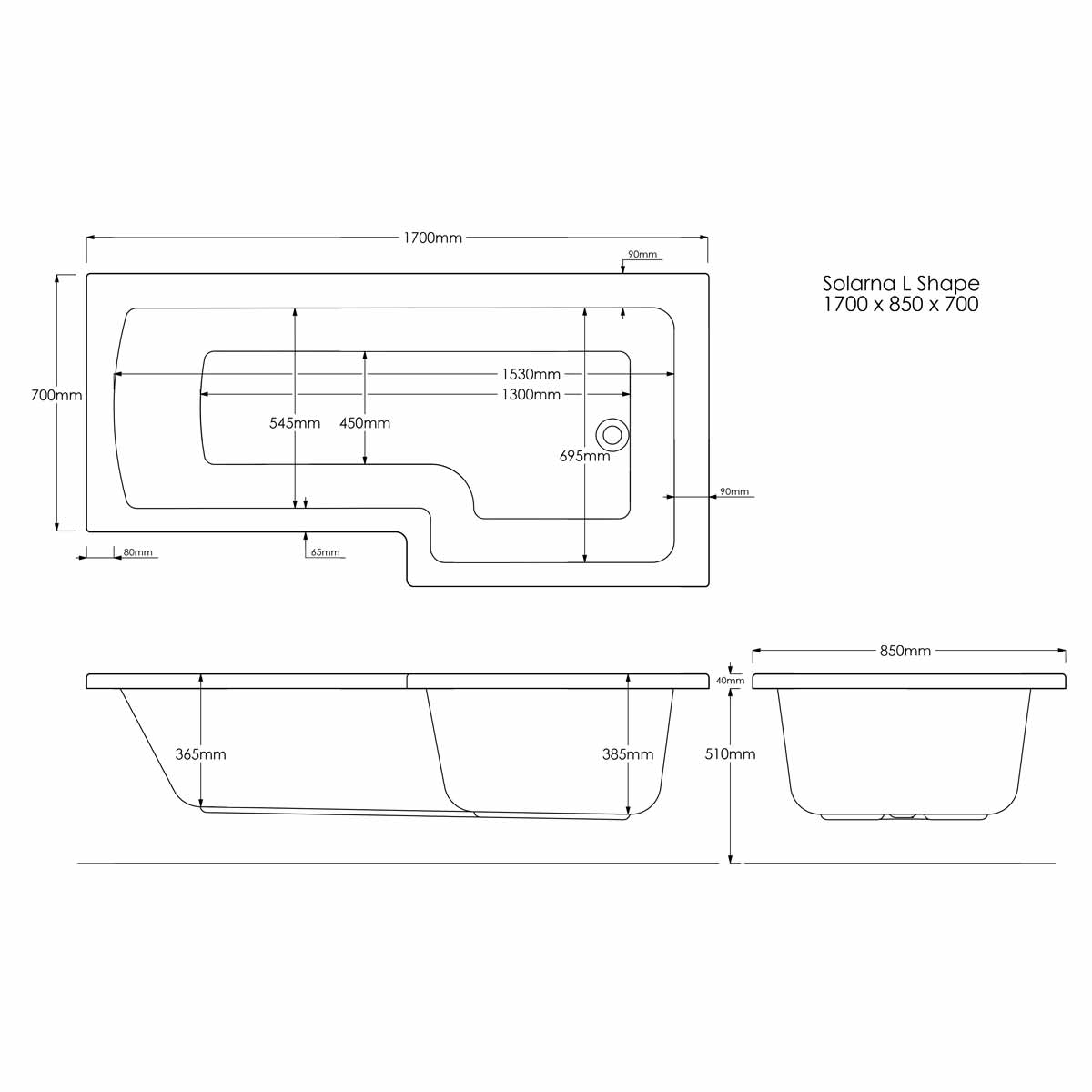 Trojan Solarna | Right Hand L Shape Shower Bath | 1700 x 850
