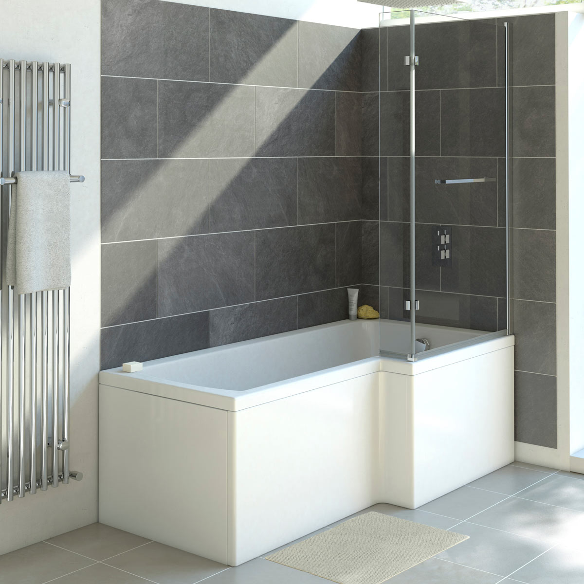 Trojan Solarna L Shape 8 Jet Whirlpool Shower Bath 1700 x 850mm with Bath Waste Right Hand